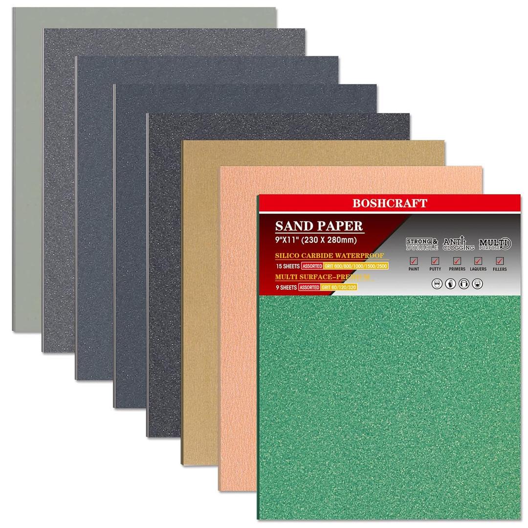 24 Pcs Sandpaper, Wet & Dry Sandpaper Assortment 60/120/320/600/800/1000/1500/2500 Grit Sand Paper for Wood Metal Automotive Drywall Plastic 9  11 inch Sandpaper Sheets (Variety Pack)