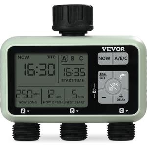 VEVOR Water Timer, 3 Outlets, Hose Watering Sprinkler Timer, with 3 Independent Watering Zone LCD Display Rain Delay Mode Manual Mode 360 Brass Inlet Metal Filter, IPX6 Waterproof for Yard Watering