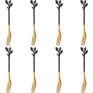 AnSaw 8-Pc Black & Gold Mini Leaf Fruit Forks Set - 4.7" Elegant Stainless Steel Dessert, Appetizer, Cake & Salad Forks - Perfect for Cocktail Parties & Home Use