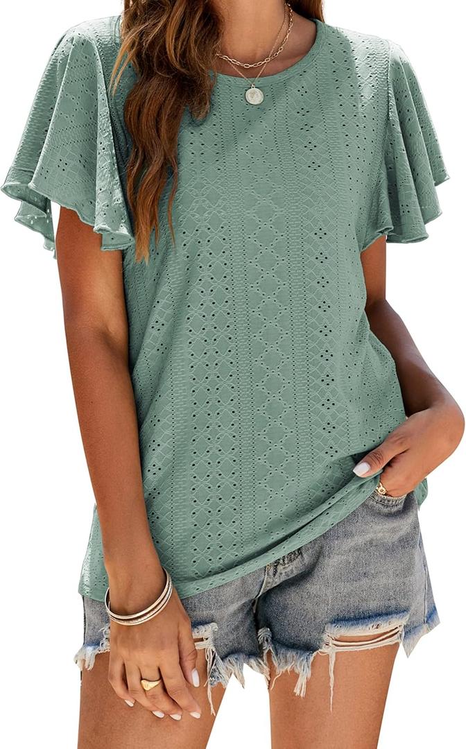 Women's T-Shirts Loose Fit Crew Neck Eyelet Short Sleeve Summer Casual Basic Tops (Green, M)