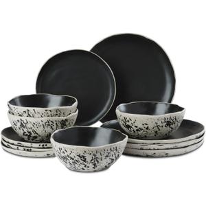 12pcs Dinnerware Set Service for 4, Handmade, Stoneware,Ceramic, Dish Set, Plates and Bowls set, Dinner Set, Reactive Glazed, Microwave and Dishwasher Safe (MATTE BLACK)
