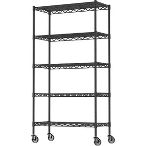 5-Shelf Adjustable Heavy Duty Storage Shelving Unit on 4 Wheel Casters, Metal Organizer Wire Rack for Laundry Bathroom Kitchen Pantry Closet, Black