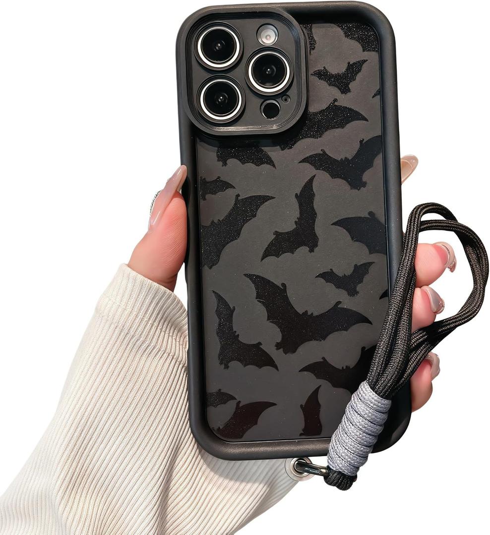 Aesthetic Black Bat Phone Case Compatible for iPhone 14 Pro Case, with Adjustable Anti-Drop Wrist Strap - Full-Body Shockproof Protection, Raised Camera & Edge Guards