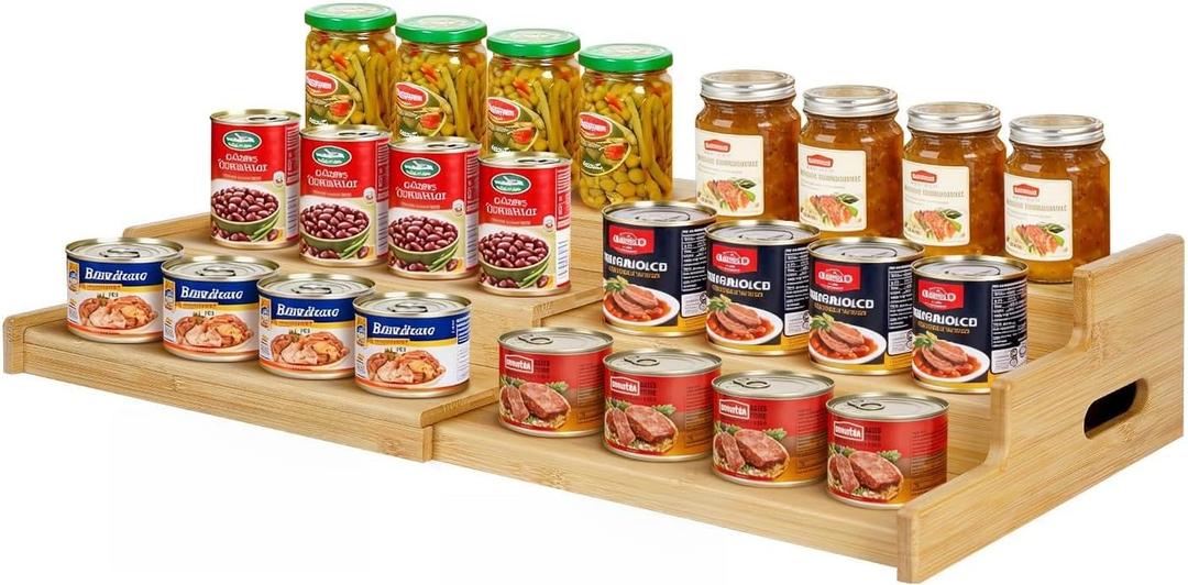 Bamboo Expandable Can Rack Organizer for Pantry, Stackable 3 Tier Canned Food Organizers and Storage, Kitchen Cabinet, Can Holders Dispensers for Pantry Up To 24 Cans