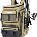 PLUSINNO Fishing Backpack with Rod Holders Tackle Box, 42L Large Water-resistant Fish Tackle Bag Store Fishing Gear (Khaki)