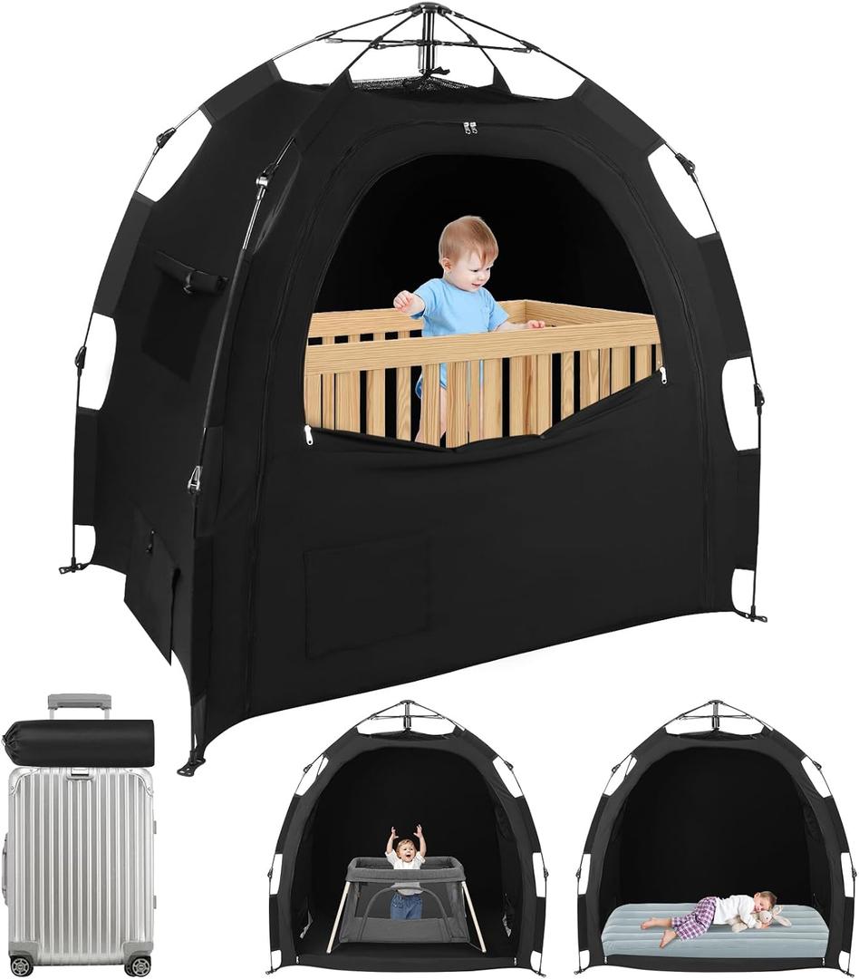 Blackout Tent for Pack N Play: Portable Baby Sleep Pod with 1-Click Setup, Mini Crib Cover with Monitor and Fan Pouches, Blocks 95% of Light, Travel Crib Canopy, 35.4 Inches X 51 Inches X 53 Inches