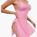 Sexy Split Side Floral Lace Trim Full Slip Night Gown Babydoll Lingerie Dress with Thong 2 piece XXL