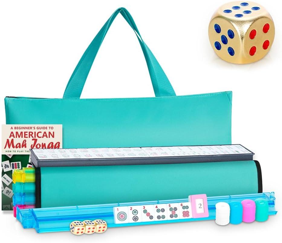 American Mahjong Tile Set, 166 White Tiles with Light Green Bag and Accessories, 4 All-in-One Color Pusher and Racks, Mah jongg Sets with 3 Golden Dics (Ma Jong)