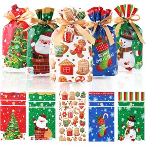 Christmas Treat Bags, 50 PCS Christmas Drawstring Gift Bags, Small Xmas Gift Bag, 6x9 Inch Plastic Candy Goodie Cookie Gift Bag Drawstring for Xmas Holiday Gifts Wrapping Party Favors Supplies