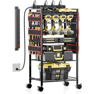 5-Tier Power Tool Organizer Cart with Charging Station - 8 AC Outlets, 300 lbs Heavy Duty Utility Rack, Rolling Drill Holder & Tool Storage Cart on Wheels for Garage, Workshop, Gift for Men