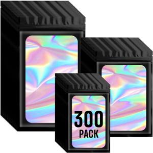Funfery 300 Pack 3 Size Mylar Holographic Bags with Clear Window,Resealable Bag Smell Proof Bags Zipper Foil Baggie Packaging Pouch for Food Storage,Sample,Small Business(Black,3x4.7,4x6,4.7x7.9in)