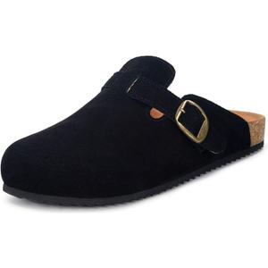 Intini Womens Suede Clogs Mens Leather Mules Cork Footbed Sandals with Arch Support (Black), Size: 13 Women/12 Men