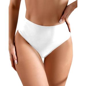 Women's Sexy High Waisted Ruched Back Cheeky Thong Bikini Swimsuit Bathing Suit Bottoms (White) Medium