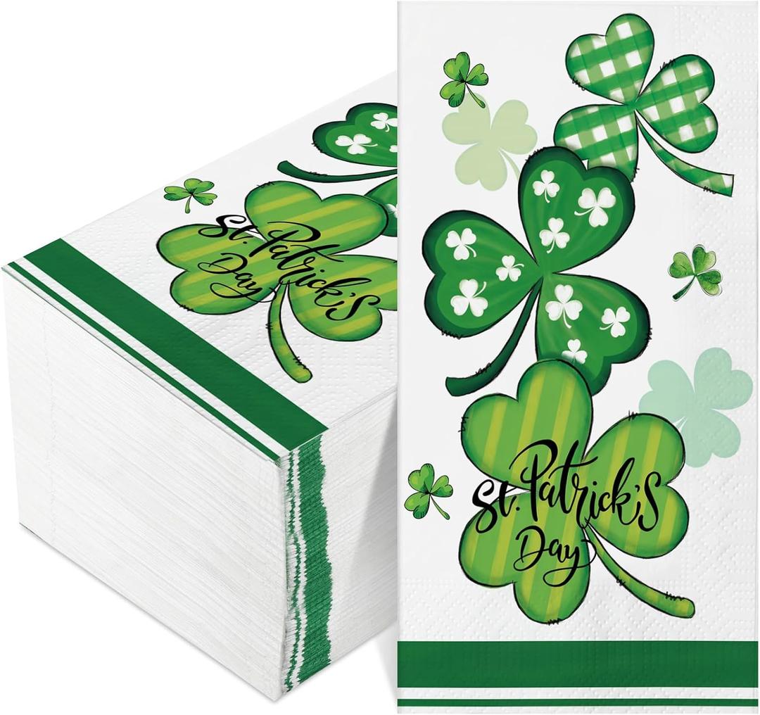 Outus 100 Pcs St. Patrick's Day Paper Napkins Shamrock Dinner Disposable Napkins Green White Clover Guest Paper Hand Towels for Saint Patrick Irish Party Bathroom Tableware Supplies, 4.3 x 7.9 Inch