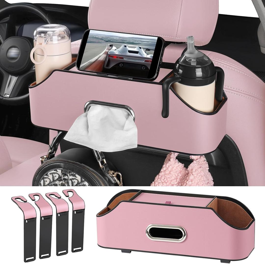 Car Rear Backseat Extra Multifunctional Drink Cup Holder Organizers with Tissue Storage Box Organizer & Hooks for Car Seat Back, Pink
