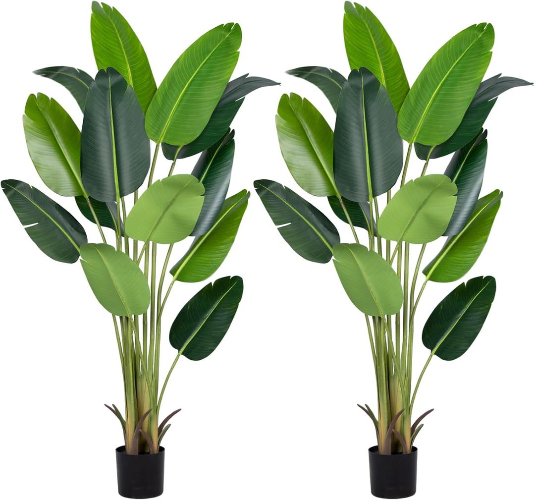 Artificial Bird of Paradise Plant 6Ft Fake Tropical Palm Tree with 13Trunks Faux Banana Leaf Trees in Pot for Home Indoor Outdoor Office Modern Decor Housewarming Gift, 2Pcs