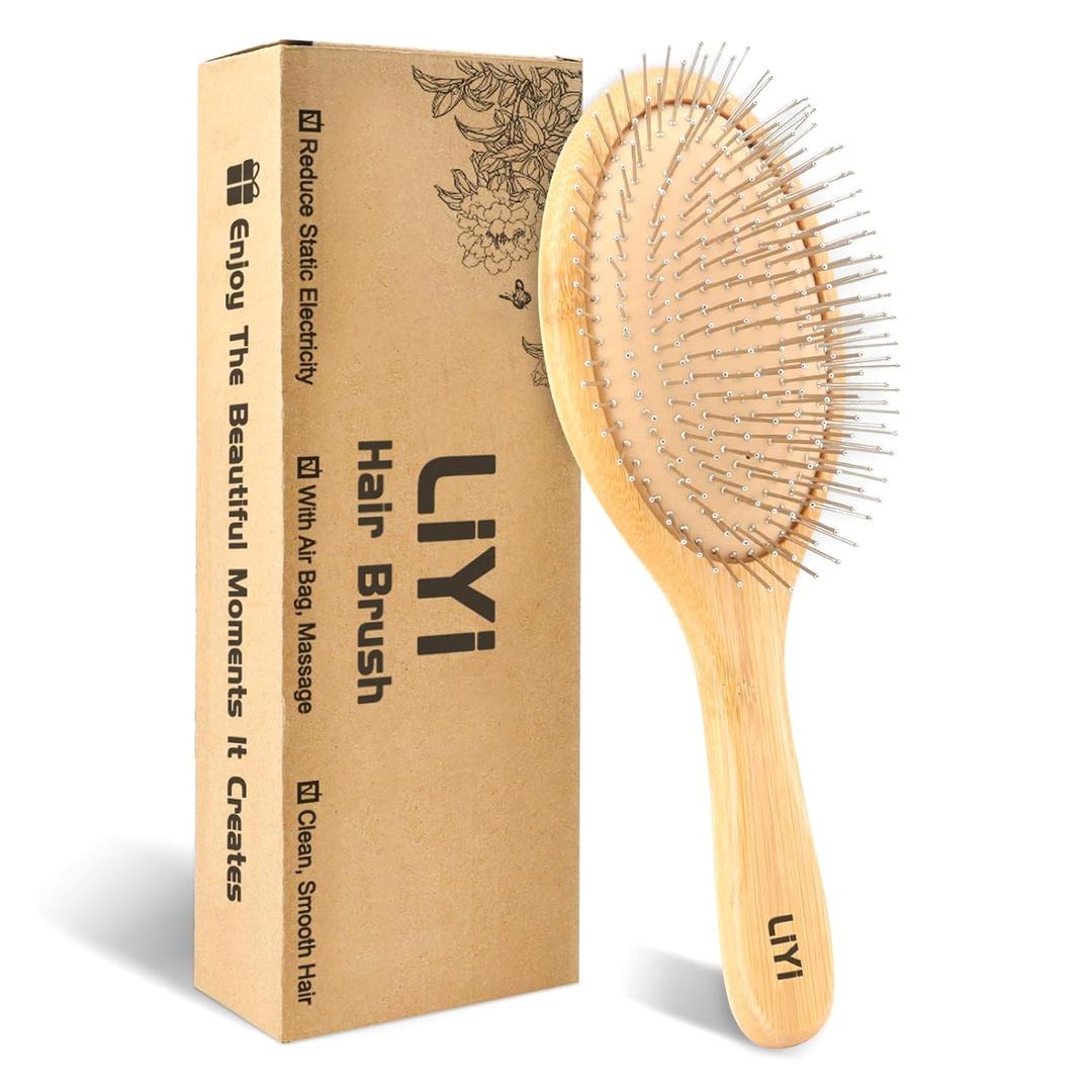 LIYI Bamboo Hair Brush with Stainless Steel Bristles for Hair Growth - Massaging Scalp Detangling Hairbrush for Women, Men & Kids - Wooden Paddle Hairbrush for All Hair Types (Large Oval Bamboo)