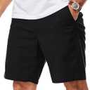 Mens Cotton Linen Shorts Casual Waist Elastic Button Golf Beach Shorts with Pockets (32, Black)