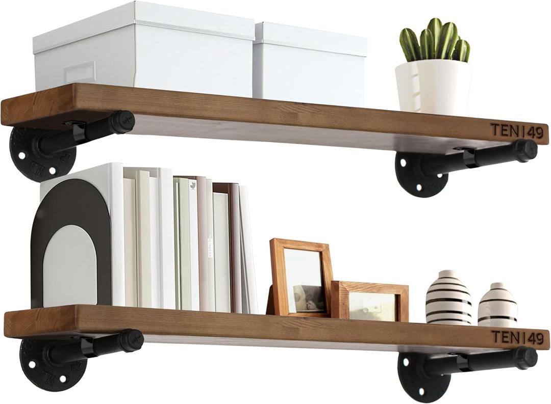 TEN49 Real Wood Rustic Floating Shelves Wall - 24 Wide Small Wooden Industrial Pipe Shelving - Farmhouse Pipe Wall Shelves Furniture Bathroom Decor Art Shelf Kitchen - Dark Espresso Color - Set of 2