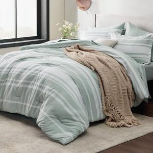 Bedsure Twin Comforter Set 5 Pieces, Sage Green Striped Bedding Set for Twin Size Bed Reversible, Cationic Dyeing Bed in a Bag with Comforter, Sheets, Pillowcase & Sham (Twin, 03 - Sage Green)