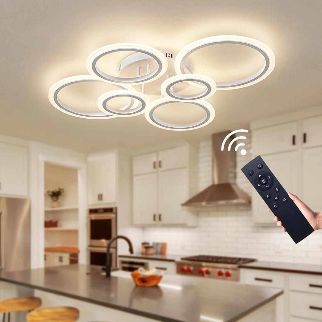Shine LUEST 60W Modern LED Ceiling Light Fixture, Dimmable LED Chandelier Flush Mount Ceiling Lights Remote Control 6 Acrylic Ring Ceiling Lamp Fixture for Living Room Dining Room Bedroom, 7640LM, White, 6 Rings