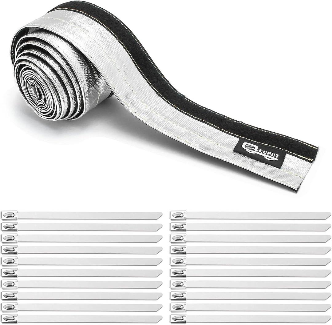 Heat Shroud Aluminized Sleeving Heat Shield fuel line wire heat sleeve 1/2" I.D. x 10FT with 20 Pcs 3.9Inch Stainless Steel Cable Metal Zip Ties