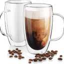 Bivvclaz Double Wall Glass Coffee Mugs Set of 2, 16 oz Insulated Coffee Mug with Handle, Clear Borosilicate Glass Coffee Cups for Cappuccino, Tea, Lightweight and Microwave Safe