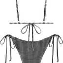 ZAFUL Women's Sexy Triangle Thong Bikini Set 2025 Plaids Print Two Piece Swimsuit Brazillian Cute String Bathing Suit (Black, M)