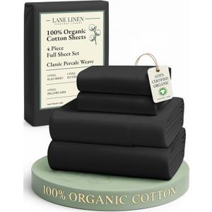 LANE LINEN 100% Organic Cotton Full Sheets Set, 4-Piece Pure Organic Cotton Percale Sheets, Long Staple Cotton Sheet, Ultra Soft Bedding Sheet, Breathable,Fits Mattress Upto 15" Deep - Black