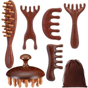 6 Pcs Natural Wooden Scalp Massager Comb Tool Set with Flocked Storage Bag Scalp Massage Tool for Stress Relief, Gua Sha & Therapy for Women Men Hair Growth Body Therapy