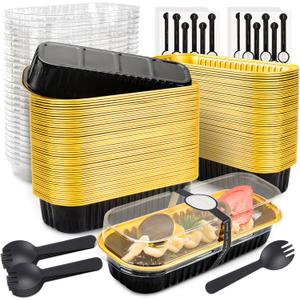 Mini Loaf Pans with Lids and Spoons Rectangular Aluminum Foil Baking Pans Mini Cheesecake Containers 6.8 Oz(120 Pack, Black Gold)