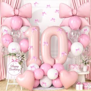 Pink Bow 10th Birthday Decorations for Girls, Light Pink White Latex Balloons with Bow Print Balloons Heart Foil Balloon and Number 10 Balloon for Girl 10th Birthday Party