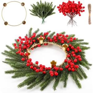 Christmas Advent Wreath Berry DIY Advent Wreath Candle Holder with Gold Metal Ring Cups Traditional Catholic Christmas Table Centerpiece Set for Xmas Church Holiday(Pine Needle)