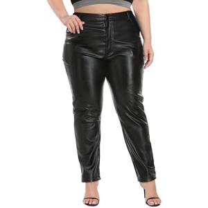 HDE Women's Plus Size Faux Leather Pants High Waist Straight Leg Pant w/Pockets, Black, 3XL
