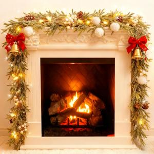 6FT Prelit Christmas Garlands with Lights Artificial Christmas Lighted Greenery Pine Cones Garland with White Berries for Christmas Door Mantle Stairs Railing Home Holiday Xmas Decoration Indoor