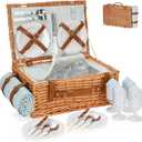 Wicker Picnic Basket Set for 4 Persons | Large Willow Hamper with Large Insulated Cooler Compartment, Waterproof Blanket and Cutlery Service Kit-Classical Brown