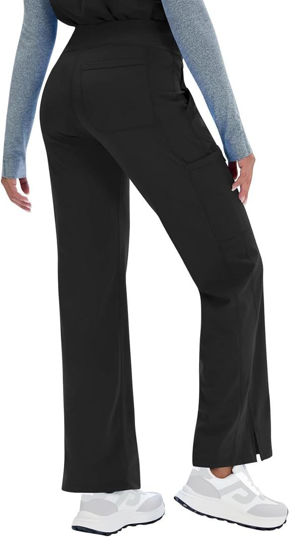 Women Yoga Scrub Pants Straight Mid Rise Elastic Waist Cargo Work Pants with Five Pocket 4-Way Stretch (Black)