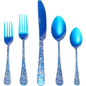 Wave Cutlery Set 20 Pieces Stainless Steel Flatware Set Service for 4 Utensils For Home Kitchen Wedding Laser Engraved Dishwasher Safe (All Blue)