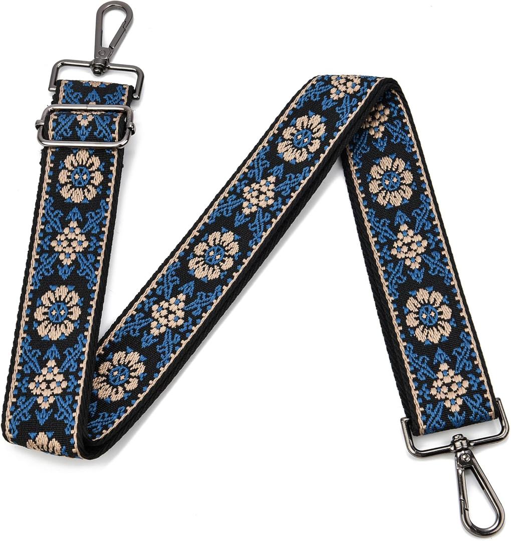 Purse Strap Adjustable Replacement Crossbody Bag Strap Retro Jacquard Embroidery Shoulder Straps for Canvas Bag (Black Hardware-retro Flower-612)