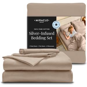 Miracle Made Breathable Cotton Bed Sheets, 4-Piece Set  Silver-Treated, Soft and Cool-to-the-Touch Lightweight Bedding Designed for Hot Sleepers  Queen Size, Sand