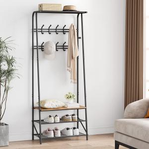 Coat Rack Shoe Bench with 8 Hooks, Hall Trees Entryway Bench with Storage, Multifunctional Hallway Organizer, Wood Look Accent Furniture with Metal Frame (10 hooks-25.2 In, Black)