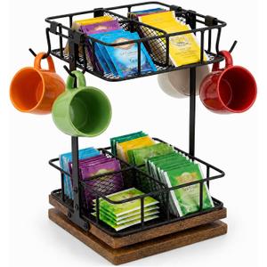 Rotating Tea Bag Holder with 360° Wooden Base, 2-Tier Tea Bag Organizer for Countertop, Teabag Caddy Stand with 4 Cup Hooks, Kitchen Coffee Bar Storage Rack