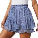 NILOINE Summer Shorts for Women Boho Chiffon Skirts Flowy High Waist Double Layer Floral Ruffles Casual Running Butterfly Shorts（Blue Floral, Medium）