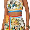 SweatyRocks Women's Tie Backless Tropical Print Halter Top and Shorts 2 Piece Vacation Outfits M