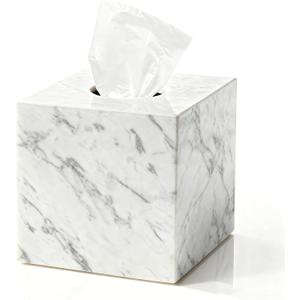 Natural Marble Tissue Box Holder Cover, Square Cube Tissue Box Holder with Open Bottom for Bathroom Vanity Tops, Bedroom Dressers, Kitchen Countertop, White Tissue Box(NS021)