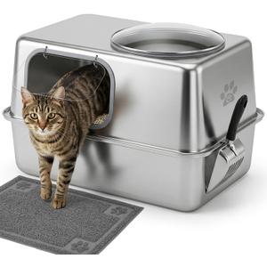 Enclosed Stainless Steel Litter Box with Lid, XL for Big & Multi Cats