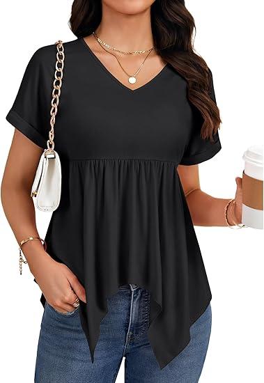 LYANER Women's Sexy V Neck Short Sleeve Babydoll Top Irregular Flowy Hem T-shirt Ruffle Tunic Black Medium