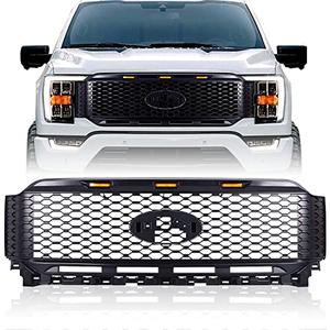 ToxicStorm Mesh Grille Matte Black Front Grill Replacement Compatible for Ford F 150 2021-2022 with 3 Amber LED Lights