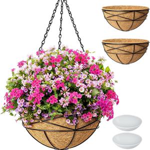 2 Pack 14 Inch Hanging Flower Baskets for Outdoor Plants Large Metal Wire Planters with Coco Liner Pot for Home Planting Round Watering Plant Holders for Outside Garden