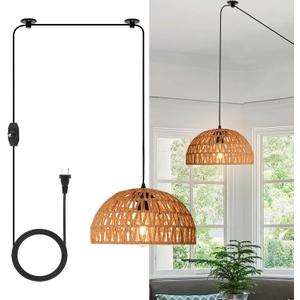 HuisMier Rattan Hanging Lamp Plug in Pendant Light with 15 Ft Plug in Cord, Wicker Woven Basket Lampshade Hanging Light with Dimmable Switch, Boho Plug in Pendant Light for Kitchen Farmhouse Bedroom